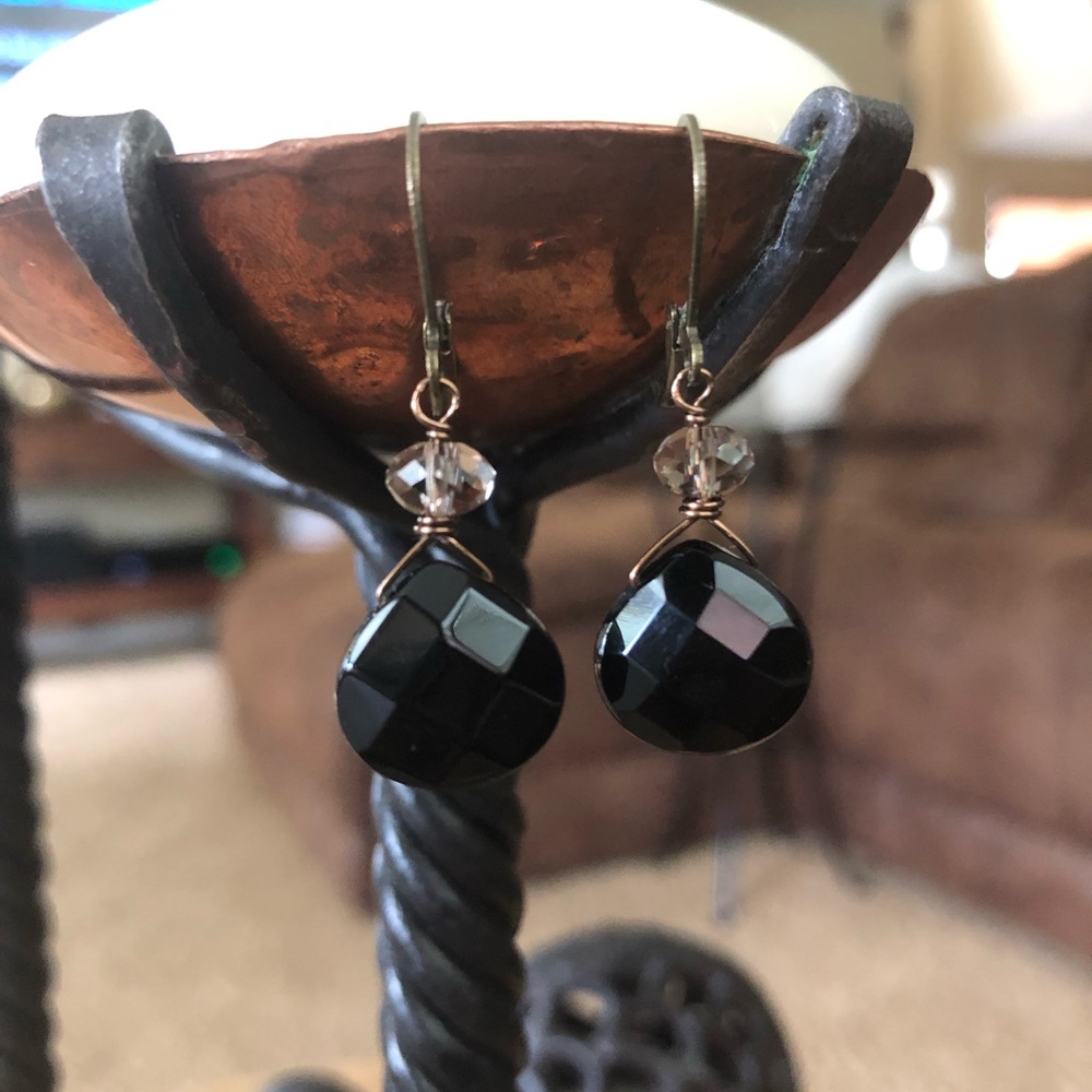Black Onyx and Greige Swarovski Crystal earrings.